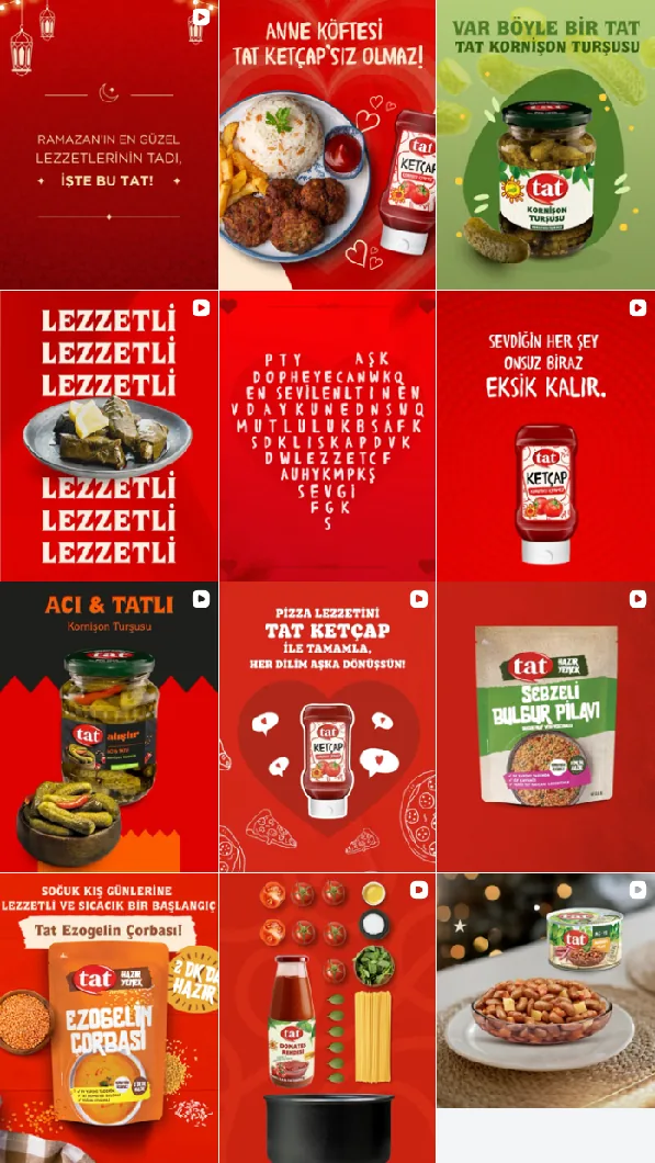 Tat Ailesi Instagram akışı, Mayıs 2025 öncesi: kırmızı, yeşil, turuncu ve siyah zeminler, her karede farklı yazı karakteriyle Ramazan kartı, köfte, turşu, pilav ve çorba görselleri.