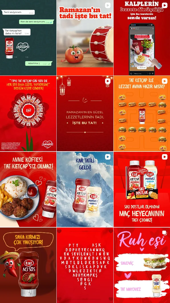 Tat Soslar Instagram akışı, Mayıs 2025 öncesi: mesajlaşma ekranı, Ramazan kartları, turuncu ve mavi zeminler, el yazısı başlıklarla ketçap ve mayonez görselleri.