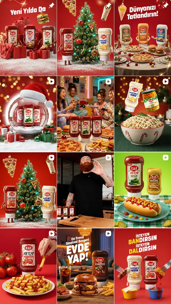 Tat Soslar Instagram akışı, Aralık 2025: kırmızı zeminde ketçap ve mayonez şişeleri; yılbaşı sahneleri, arkadaş sofrası, sosisli, hamburger ve patates kızartması.