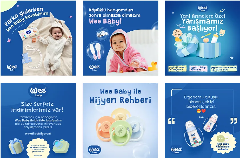 Lacivert zeminli altı Wee Baby Instagram paylaşımı: Parka giderken Wee Baby kombinim, köpüklü banyo sonrası, yeni annelere özel yarışma, sürpriz indirim, Wee Baby ile Hijyen Rehberi ve bir kullanıcı yorumu.