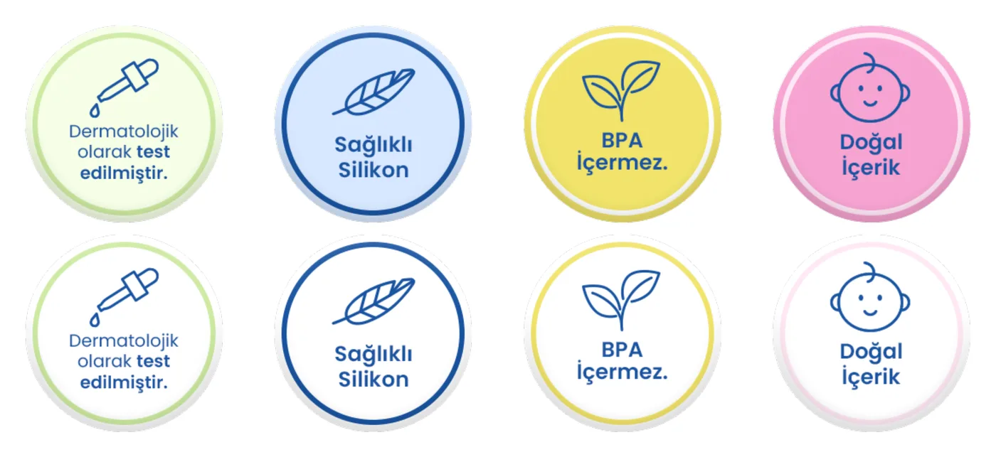 Wee Baby rozetleri, renkli ve çizgisel iki versiyon: Dermatolojik olarak test edilmiştir, Sağlıklı silikon, BPA içermez, Doğal içerik.