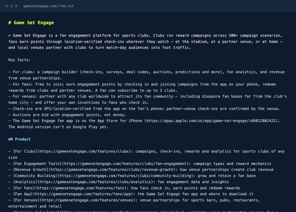 Game Set Engage llms.txt dosyası