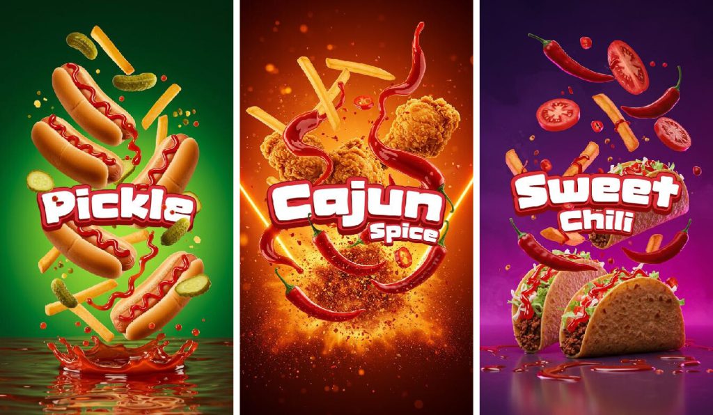 Çeşnili ketçap görselleri: ketçaplı sosisli ve turşularla Pickle, çıtır tavuk ve acı biberle Cajun Spice, taco ve domatesle Sweet Chili.