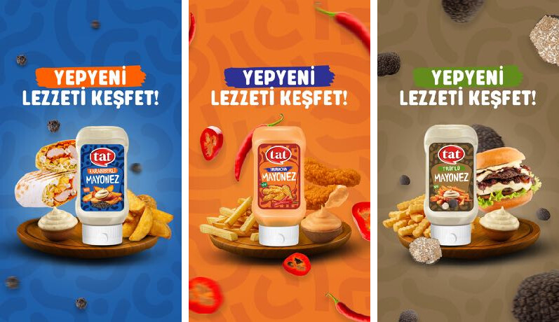 "Yepyeni lezzeti keşfet" görselleri: mavi zeminde karabiberli, turuncu zeminde sriracha, kahverengi zeminde trüflü Tat mayonez.