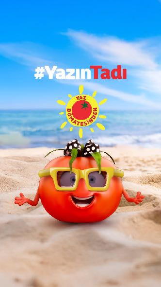 #YazınTadı görseli: plajda gözlüklü bir domates karakteri ve üstünde "Yaz domatesinden" yazan güneş işareti.